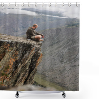 Personality  Young Man Sitting On Cliff And Looking Beautiful Landscape, Altai, Russia Shower Curtains