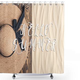 Personality  Straw Hat On Wooden Pier On Sandy Beach With Hello Summer Inscription Shower Curtains