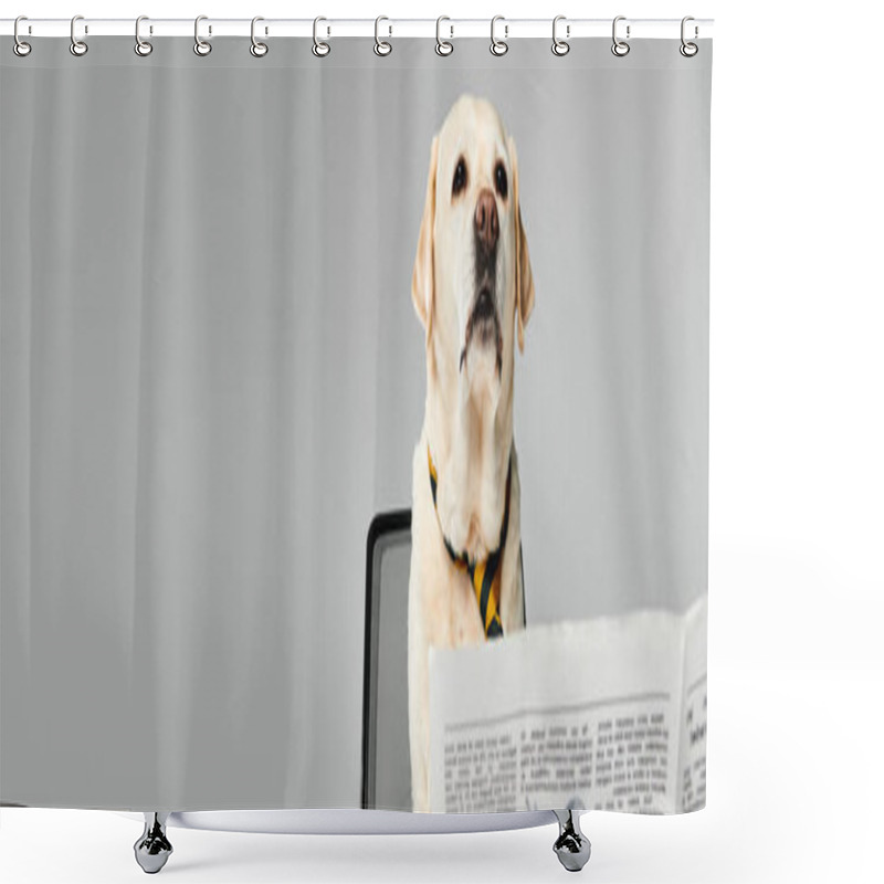 Personality  A Dog Sits Atop A Computer Desk Next To A Newspaper, Observing The World With Curiosity And Companionship. Shower Curtains