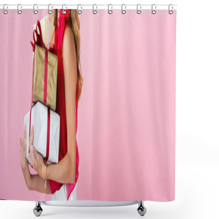 Personality  Cropped View Of Woman With Gifts On Pink Background, Banner Shower Curtains