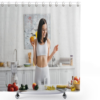 Personality  Smiling Sportswoman Weighing Fruits Near Glass Of Water And Measuring Tape On Kitchen Table, Calorie Counting Diet Shower Curtains