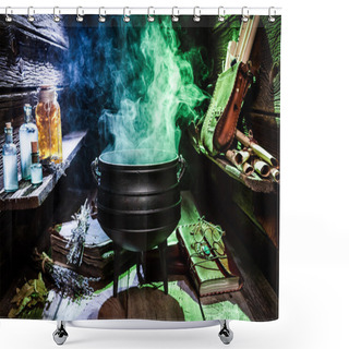 Personality  Witcher Cauldron With Blue Potions And Books For Halloween Shower Curtains