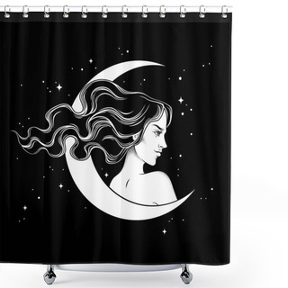 Personality  Beautiful Brunette Witch And The Crescent Moon Line Art And Dot Work. Boho Chic Tattoo, Poster, Tapestry Or Altar Veil Print Design Vector Illustration. Shower Curtains