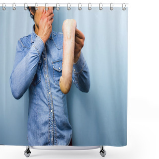 Personality  Disgusted Man Holding A Raw Ox Tongue Shower Curtains