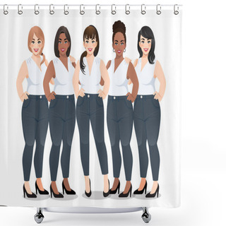 Personality  Set Of Plus Size Female In White Sleeveless Shirt And Jeans Standing Together On White Background Vector Shower Curtains