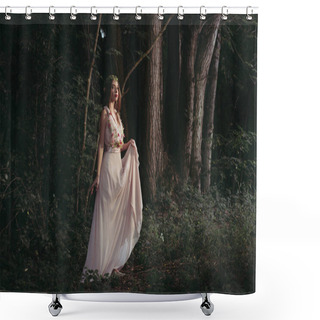 Personality  Attractive Mystic Elf In Elegant Flower Dress Walking In Woods Shower Curtains