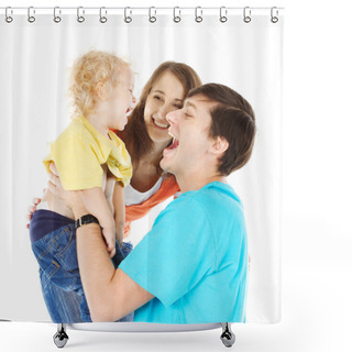 Personality  Happy Family Playing With Child Raising Him Up Shower Curtains