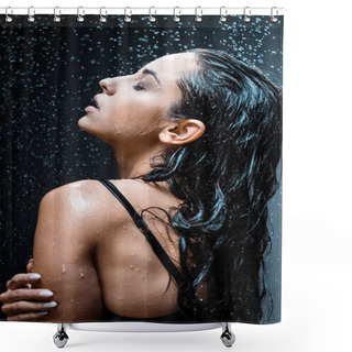 Personality  Sexy Woman With Closed Eyes In Lingerie Under Raindrops On Black   Shower Curtains