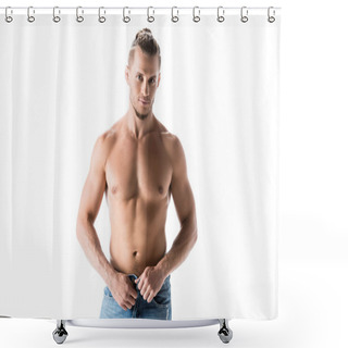 Personality  Sexy Shirtless Man In Jeans Posing Isolated On White Shower Curtains