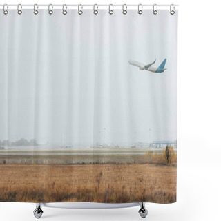 Personality  Airplane Taking Off Above Grassy Airfield In Cloudy Sky Shower Curtains