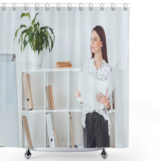 Personality  Attractive Businesswoman Holding Folder And Looking Away Shower Curtains