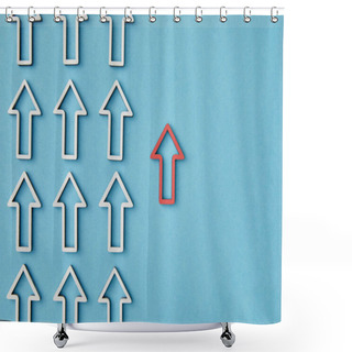 Personality  Top View Of Vertical Rows With White Pointers Near Red Arrow On Blue Background Shower Curtains