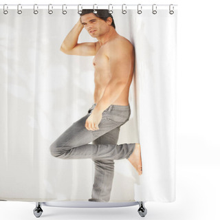 Personality  Rugged And Manly. A Sexy Rugged Young Man Leaning Against A Wall And Running A Hand Though His Hair Shower Curtains