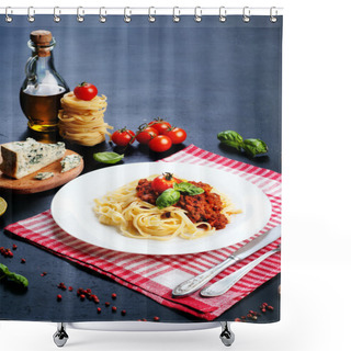 Personality  Pasta Bolognese In White Plate On A White And A Red Napkin. Beside The Ingredients For Making Pasta. Italian Cuisine Shower Curtains