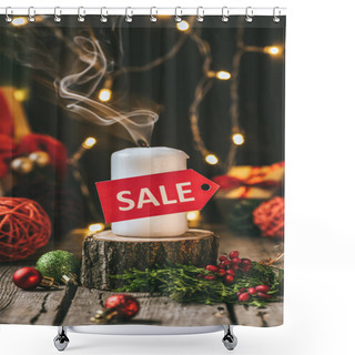 Personality  Christmas Candle With Red Sale Tag On Wooden Stump With Decorations Shower Curtains