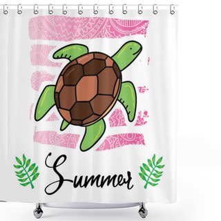Personality  Vector Cartoon Style Flyer T-shirt Print Card Design With Trendy Summer Turtle Animal On Elegant Pink Lace Gradient Strokes Shower Curtains