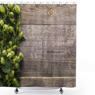 Personality  Top View Of Green Hop On Wooden Background With Copy Space Shower Curtains