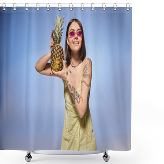 Personality  A Young Woman With Brunette Hair Elegantly Poses In A Vibrant Yellow Dress, Holding A Fresh Pineapple. Shower Curtains