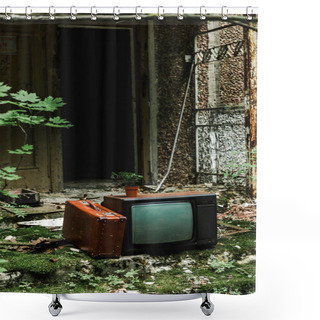 Personality  Retro Tv Near Suitcase On Green Stairs With Mold  Shower Curtains