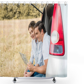 Personality  Happy Adult Couple Sitting In Car Trunk And Looking At Map Shower Curtains