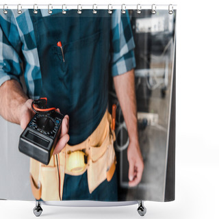 Personality  Cropped View Of Technician Holding Digital Meter Near Wires And Cables  Shower Curtains