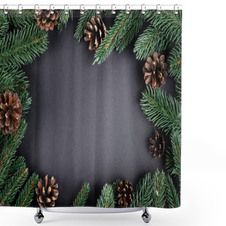 Personality  Flat Lay With Pine Cones With Fir Branches On Black Background, New Year Concept Shower Curtains