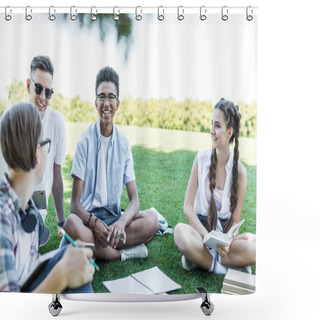 Personality  Happy Multiethnic Teenage Students Sitting On Grass And Studying Together In Park Shower Curtains