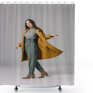 Personality  Elegant Woman Posing In Beige Autumn Coat On Grey Shower Curtains