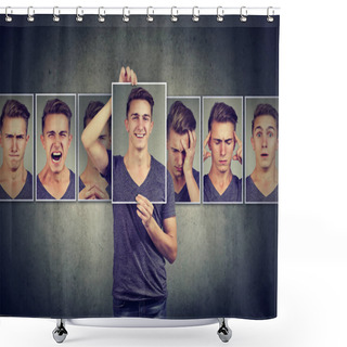 Personality  Masked Man Expressing Different Emotions  Shower Curtains