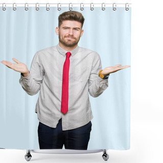 Personality  Young Handsome Business Man Clueless And Confused Expression With Arms And Hands Raised. Doubt Concept. Shower Curtains