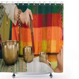 Personality  Woman Using Tibetan Singing Bowls In Sound Therapy Shower Curtains