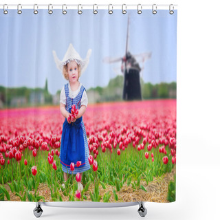 Personality  Little Girl In A National Dutch Costume In Tulips Field With Windmill Shower Curtains