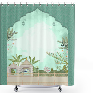 Personality  Mughal Wedding Invitation Card Design Template. Mughal Temple With Banana Tree, Peacock, Birds, And Tropical Tree. Vector Illustration Shower Curtains