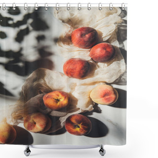 Personality  Flat Lay With Ripe Peaches And Gauze On Light Marble Tabletop With Shadows Shower Curtains