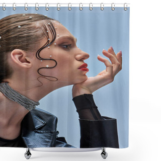 Personality  Side View Of Pretty Young Model With Trendy Pearl Pins In Hair And Red Lips Posing On Grey Backdrop Shower Curtains