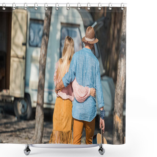 Personality  Back View Of Hippie Couple Hugging And Holding Guitar Near Campervan Shower Curtains