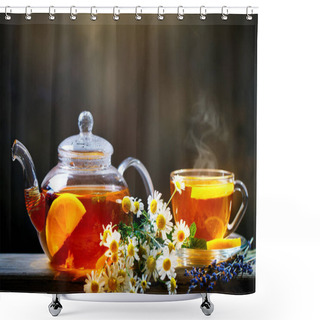 Personality  Cup Of Freshly Brewed Black Tea,warm Soft Light, Darker Background. Shower Curtains