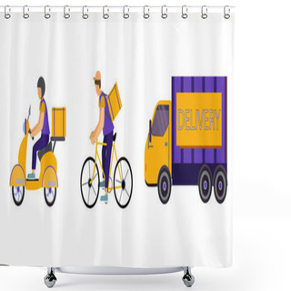 Personality  Vector Icons With Delivery Men Riding Bike And Scooter Near Truck With Delivery Lettering On White  Shower Curtains