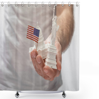 Personality  Cropped View Of Man Holding Small Statue Of Liberty And United States Capitol Near Little American Flag Isolated On White  Shower Curtains