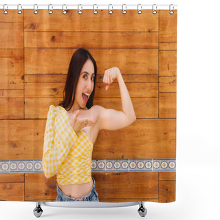 Personality  Portrait Of A Happy Woman Gesturing To Show The Size Of Her Bicep And Strength Shower Curtains