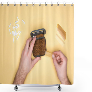 Personality  Cropped View Of Man With Snuffbox Making Cigarettes Isolated On Yellow Shower Curtains