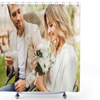 Personality  Attractive Girlfriend Sniffing Bouquet Of Roses In Cafe Shower Curtains