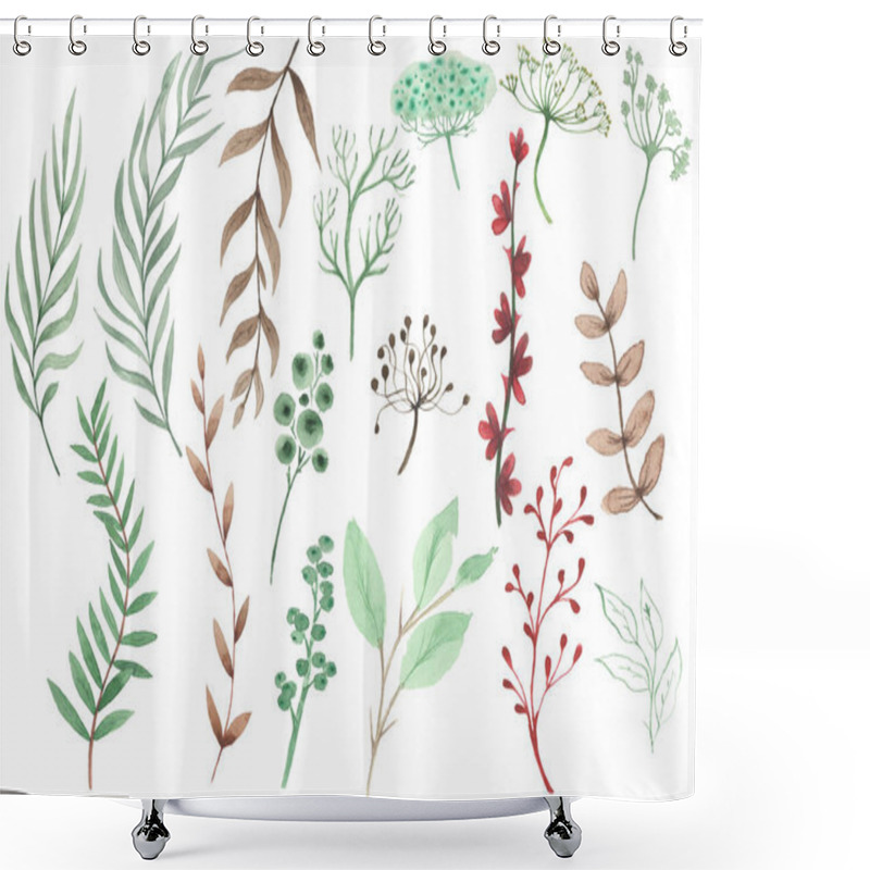 Personality  Set Of Watercolor Elements Of Herbs, Collection Of Garden Yellow, Burgundy Twigs, Leaves. Botanical Eucalyptus Shower Curtains