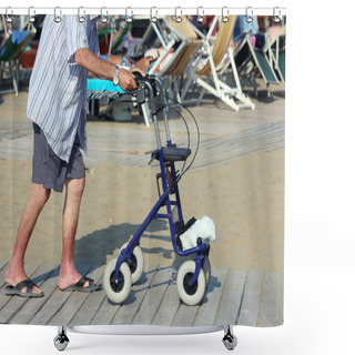 Personality  Senior Man Walking With Walker On The Beach In Summer Shower Curtains