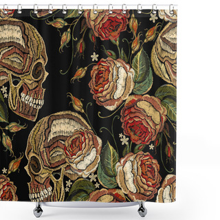 Personality  Embroidery Skull And Roses Flowers Seamless Pattern Shower Curtains
