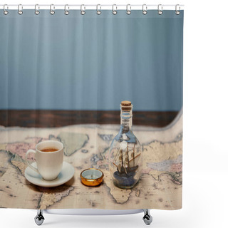 Personality  Selective Focus Of Coffee Cup, Compass And Toy Ship In Glass Bottle On Map With Copy Space Shower Curtains
