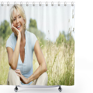 Personality  Portrait Of Mature Woman Sitting In Countryside Shower Curtains