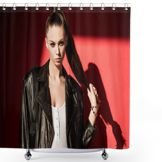 Personality  Stylish Girl With Ponytail Hairstyle Posing In Black Leather Jacket For Fashion Shoot   Shower Curtains