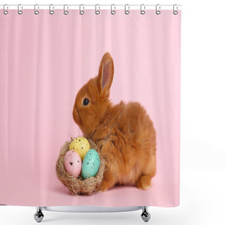 Personality  Adorable Fluffy Bunny And Decorative Nest With Easter Eggs On Pink Background Shower Curtains