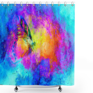 Personality  Flying Butterfly In Cosmic Space. Painting With Graphic Design. Shower Curtains